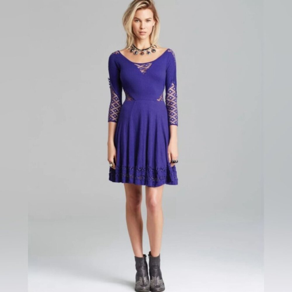 NEW FREE PEOPLE “To The Point” VIOLET MINI Dress w/Crochet Inset F017Z898 Sz XS